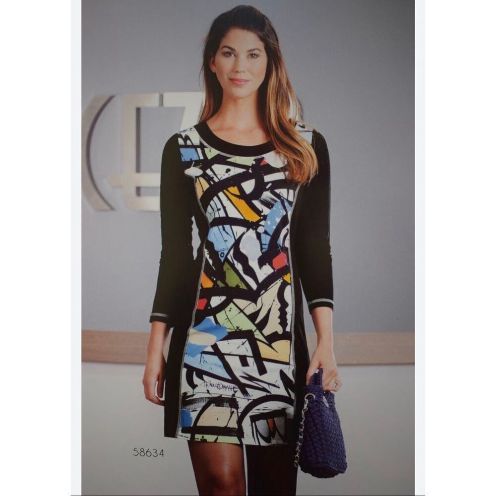 Abstract Print Midi Dress with Black Sleeves